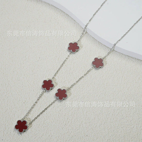 Wholesale Women's Doublesided Clover And Leaf Pendant Collarbone Cross Chain Fashion Simple Versatile Silverplated Titanium Steel Necklace