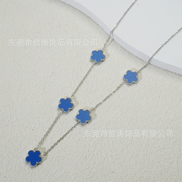 Wholesale Women's Doublesided Clover And Leaf Pendant Collarbone Cross Chain Fashion Simple Versatile Silverplated Titanium Steel Necklace