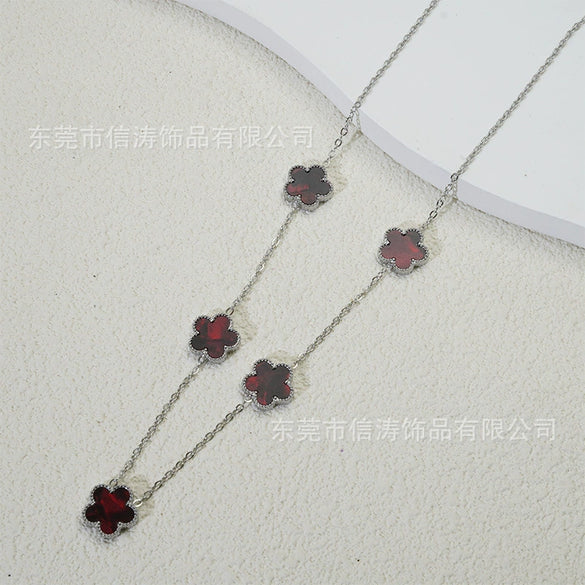 Wholesale Women's Doublesided Clover And Leaf Pendant Collarbone Cross Chain Fashion Simple Versatile Silverplated Titanium Steel Necklace