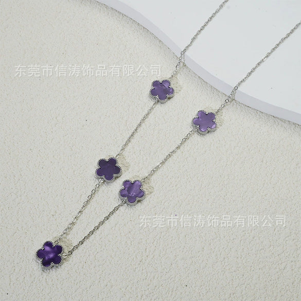 Wholesale Women's Doublesided Clover And Leaf Pendant Collarbone Cross Chain Fashion Simple Versatile Silverplated Titanium Steel Necklace