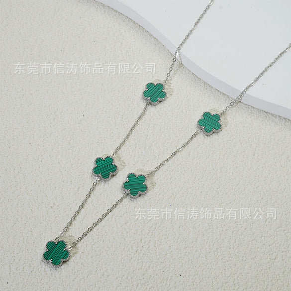 Wholesale Women's Doublesided Clover And Leaf Pendant Collarbone Cross Chain Fashion Simple Versatile Silverplated Titanium Steel Necklace