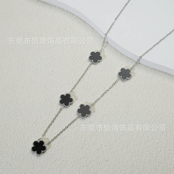 Wholesale Women's Doublesided Clover And Leaf Pendant Collarbone Cross Chain Fashion Simple Versatile Silverplated Titanium Steel Necklace
