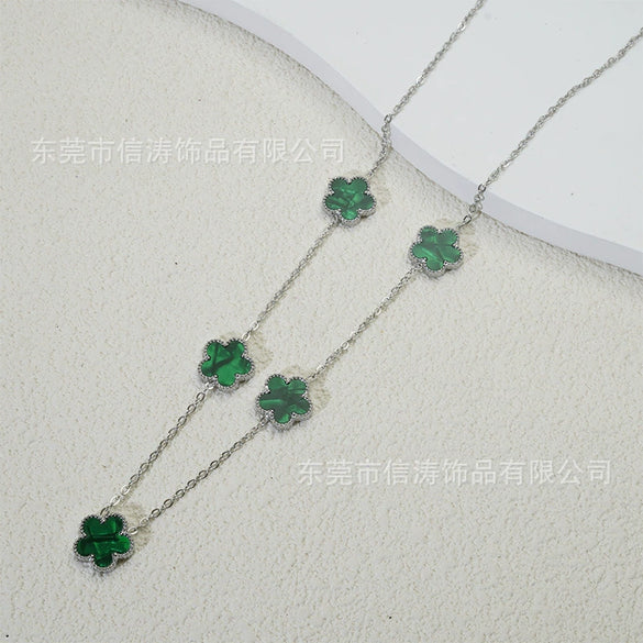 Wholesale Women's Doublesided Clover And Leaf Pendant Collarbone Cross Chain Fashion Simple Versatile Silverplated Titanium Steel Necklace