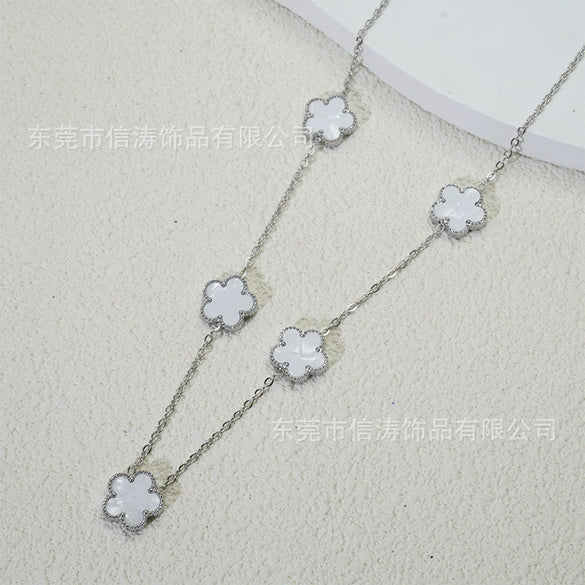 Wholesale Women's Doublesided Clover And Leaf Pendant Collarbone Cross Chain Fashion Simple Versatile Silverplated Titanium Steel Necklace