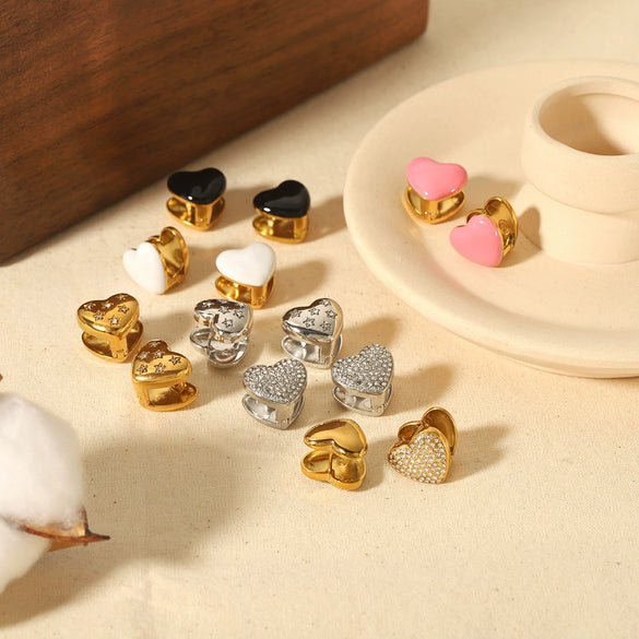 Wholesale Women's Doublesided Love Epoxy Rhinestone Heart Shape Stainless Steel 18K Goldplated Earrings