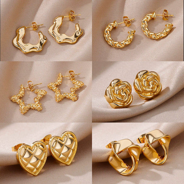 Wholesale Women's Earrings With Polygon Mobius Ring Design Five Pointed Star Hollow Geometric Style Ccb Gold Platinum Electroplated