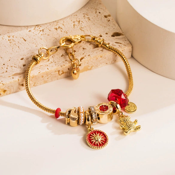 Wholesale Women's Electroplated Alloy Bracelet With Lucky Beads And Bear Pendant