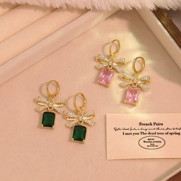 Wholesale Women's Electroplated Environmentally Friendly Copper Bow Tie Micropaved Zircon Earrings