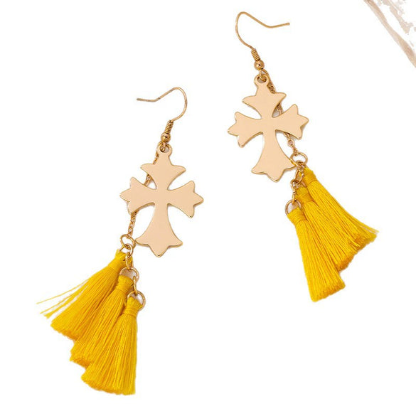 Wholesale Women's Electroplated Geometric Cross Shaped Long Tassel Fashion Earrings Made Of Alloy And Stainless Steel