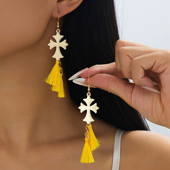 Wholesale Women's Electroplated Geometric Cross Shaped Long Tassel Fashion Earrings Made Of Alloy And Stainless Steel