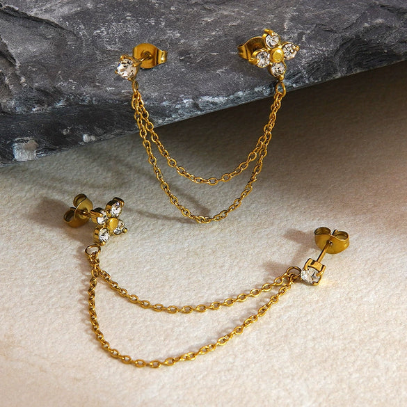 Wholesale Women's Electroplated Geometric Fourflower Zircon Tassel Stainless Steel Earrings