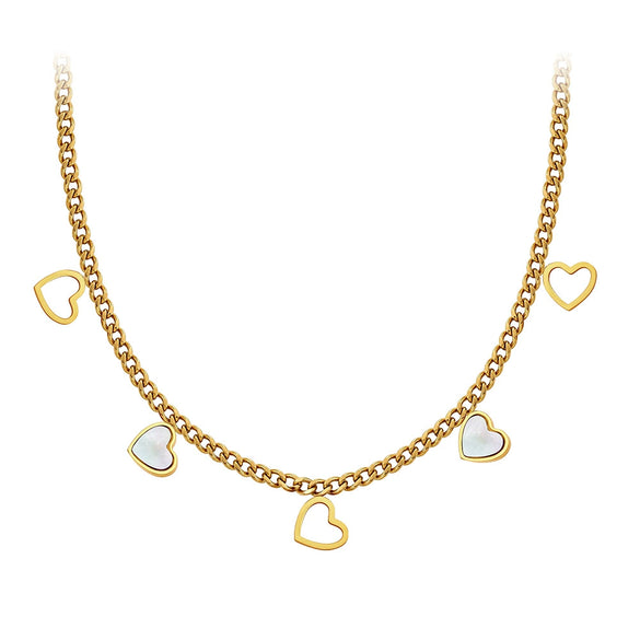 Wholesale Women's Electroplated Geometric Heartshaped Hollow Design Stainless Steel And Motherofpearl Pendant Necklace With Calendering Chain