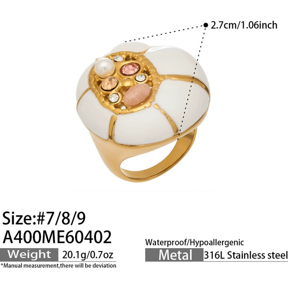 Wholesale Women's Electroplated Geometric Stainless Steel Ring With Zircon And Pearl Inlay In Vintage Light Luxury Style
