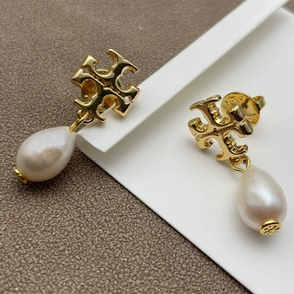Wholesale Women's Electroplated 18K Gold Geometric Copper Pearl Cross Double T Eardrop Earrings With Natural Freshwater Beads