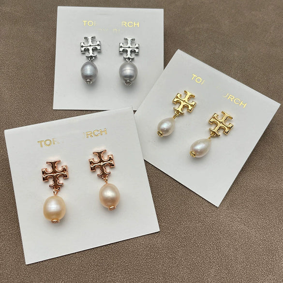 Wholesale Women's Electroplated 18K Gold Geometric Copper Pearl Cross Double T Eardrop Earrings With Natural Freshwater Beads