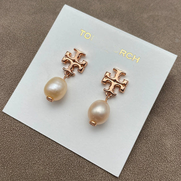 Wholesale Women's Electroplated 18K Gold Geometric Copper Pearl Cross Double T Eardrop Earrings With Natural Freshwater Beads