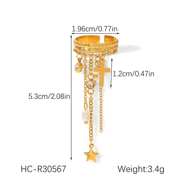Wholesale Women's Electroplated Stainless Steel Geometric Star Cross Open Ring And Tassel Bracelet