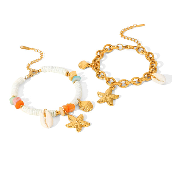 Wholesale Women's Electroplated Stainless Steel Hand Jewelry With Starfish Shell Conch Heart Shape Star Geometric Animals Zodiac Bracelet
