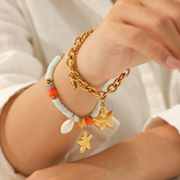 Wholesale Women's Electroplated Stainless Steel Hand Jewelry With Starfish Shell Conch Heart Shape Star Geometric Animals Zodiac Bracelet
