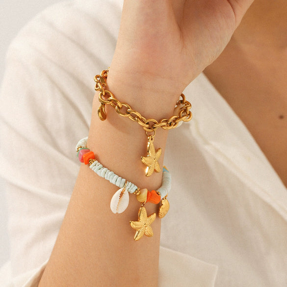 Wholesale Women's Electroplated Stainless Steel Hand Jewelry With Starfish Shell Conch Heart Shape Star Geometric Animals Zodiac Bracelet