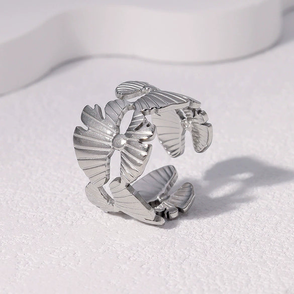 Wholesale Women's Electroplated Stainless Steel Leaf Pattern Open Ring With Ins Style