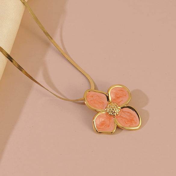 Wholesale Women's Electroplated Stainless Steel Snake Bone Chain Fourpetal Flower Necklace