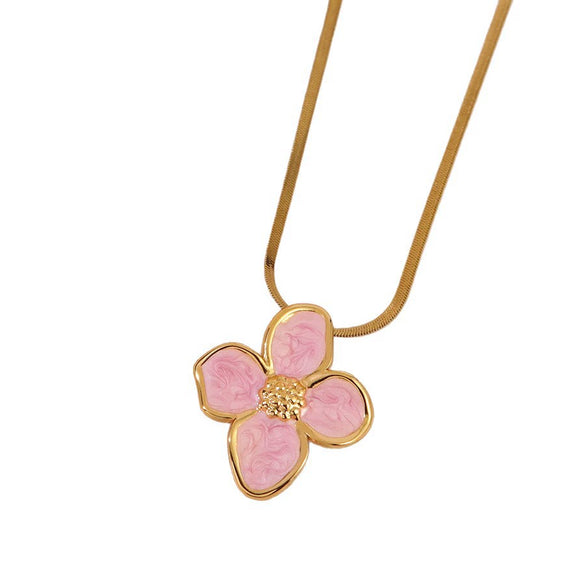 Wholesale Women's Electroplated Stainless Steel Snake Bone Chain Fourpetal Flower Necklace