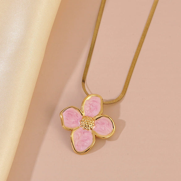 Wholesale Women's Electroplated Stainless Steel Snake Bone Chain Fourpetal Flower Necklace
