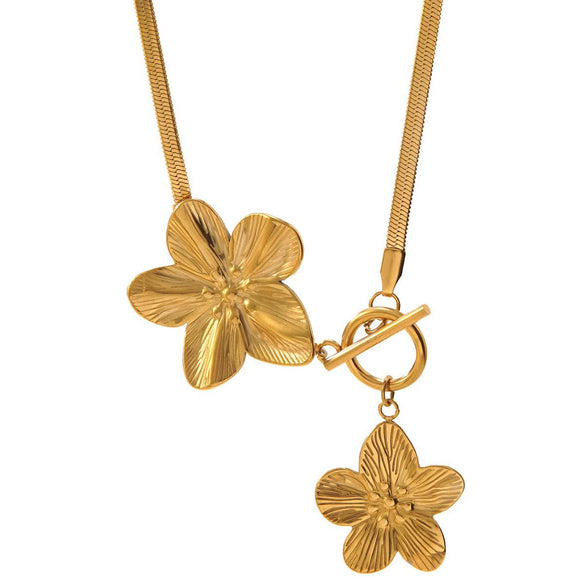 Wholesale Women's Electroplated Titanium Steel And Stainless Steel Flower Necklace With Flat Snake Chain