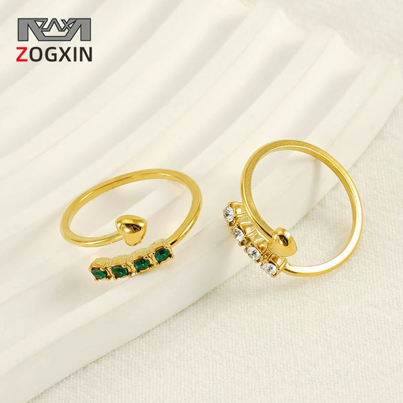 Wholesale Women's Elegant Allmatch Niche Design Sense 316L Stainless Steel 18K Gold Plated Heart Geometric Opening Ring With Diamond