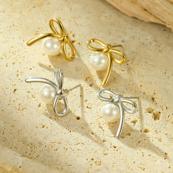 Wholesale Women's Elegant Bow Pearl Titanium Steel Electroplated Earrings Fashion Simple No Fading