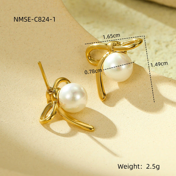 Wholesale Women's Elegant Bow Pearl Titanium Steel Electroplated Earrings Fashion Simple No Fading