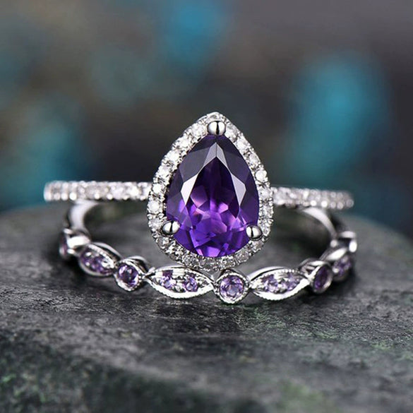 Wholesale Women's Elegant Copper Water Drop Shape Geometric Style Zirconia Microinlaid Ring Twopiece Set