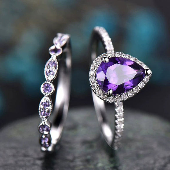 Wholesale Women's Elegant Copper Water Drop Shape Geometric Style Zirconia Microinlaid Ring Twopiece Set