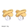 Wholesale Women's Elegant French Imitation Pearl Stainless Steel Earrings With Round Beads Square Love Bow Tie Design And Electroplating Treatment