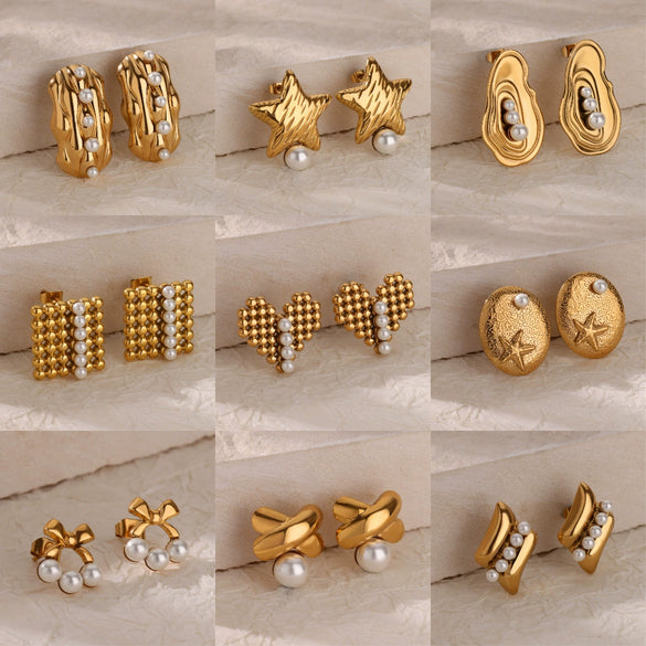 Wholesale Women's Elegant French Imitation Pearl Stainless Steel Earrings With Round Beads Square Love Bow Tie Design And Electroplating Treatment