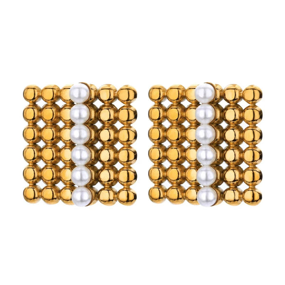Wholesale Women's Elegant French Imitation Pearl Stainless Steel Earrings With Round Beads Square Love Bow Tie Design And Electroplating Treatment