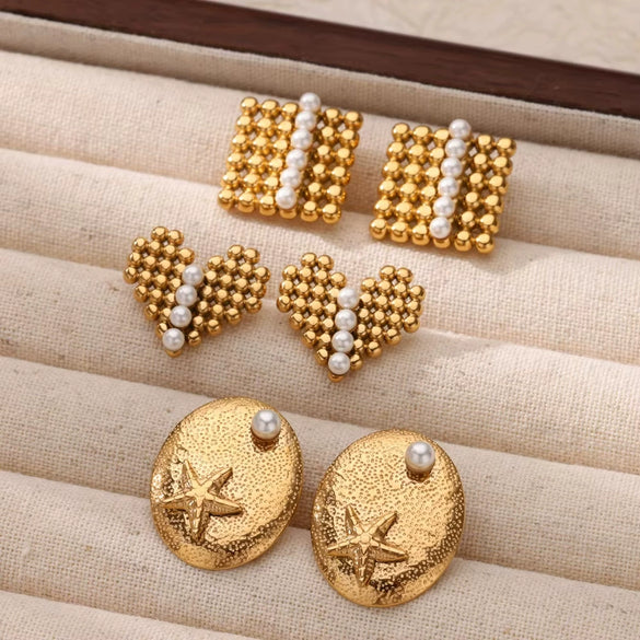 Wholesale Women's Elegant French Imitation Pearl Stainless Steel Earrings With Round Beads Square Love Bow Tie Design And Electroplating Treatment