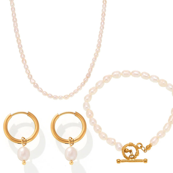 Wholesale Women's Elegant Freshwater Pearl And 316L Stainless Steel Jewelry Set With Electroplating Necklace Bracelet Earrings