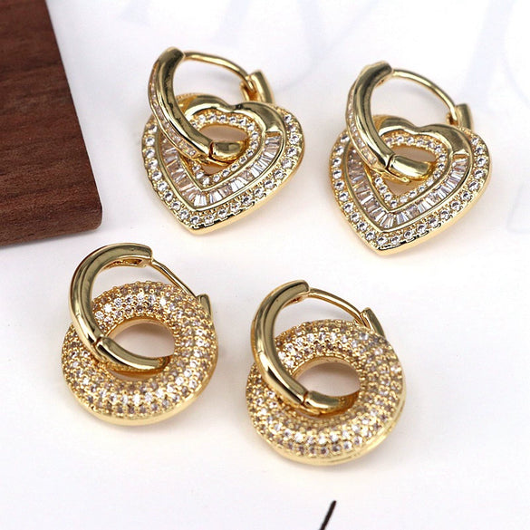 Wholesale Women's Elegant Geometric And Heart Shape Copper Zirconia Ear Clip Earrings