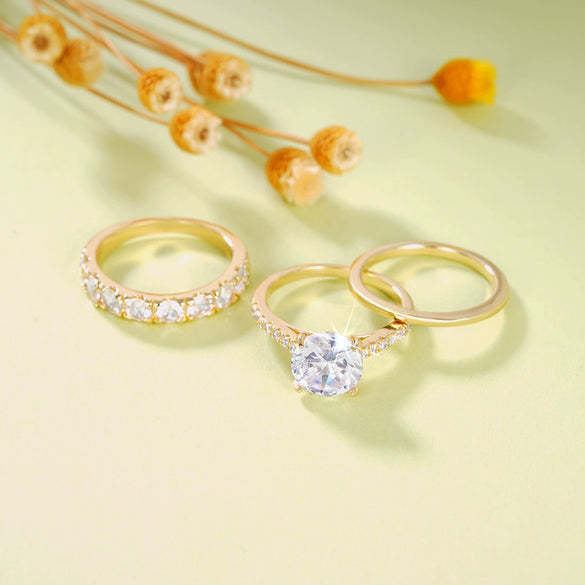 Wholesale Women's Elegant Geometric Copper Ring Threepiece Set With Zirconia