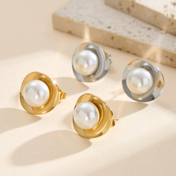 Wholesale Women's Elegant Geometric Pearl Earrings With Stainless Steel Ear Needles And Electroplating Design