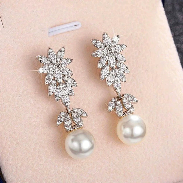 Wholesale Women's Elegant Geometric Plant Flowers Imitation Pearl Copper Electroplated Wedding Dress Earrings