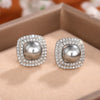 Wholesale Women's Elegant Geometric Square Fat Round Imitation Pearl Electroplated Zirconia Earrings Copper