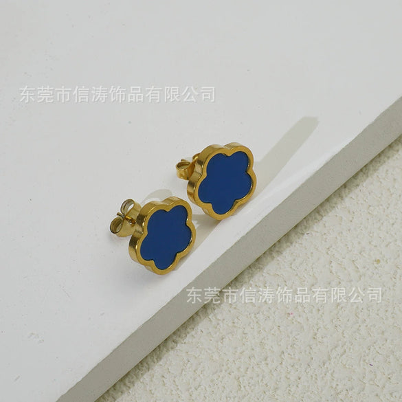 Wholesale Women's Elegant Geometric Titanium Steel Electroplated Five Leaf Flower Earrings