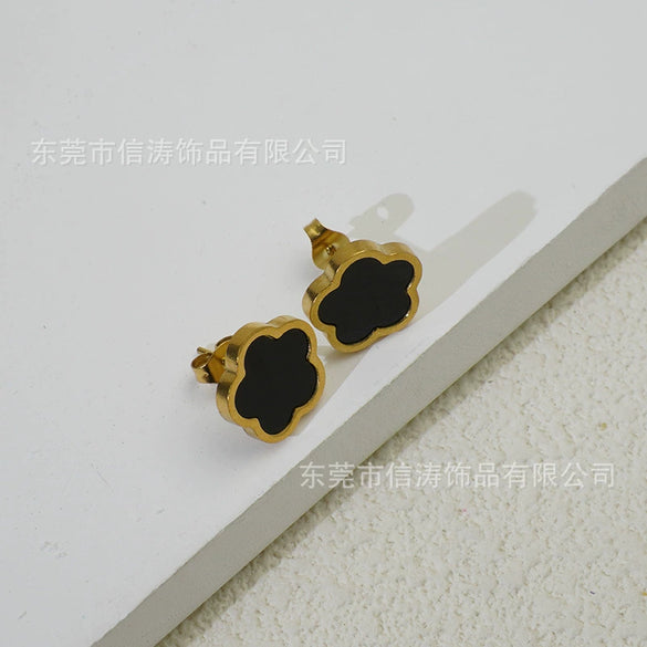 Wholesale Women's Elegant Geometric Titanium Steel Electroplated Five Leaf Flower Earrings