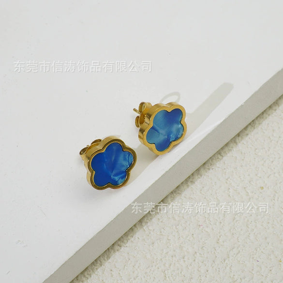 Wholesale Women's Elegant Geometric Titanium Steel Electroplated Five Leaf Flower Earrings