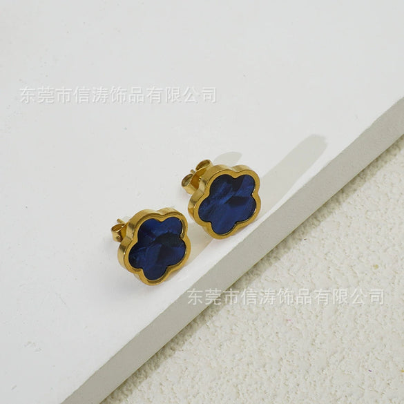 Wholesale Women's Elegant Geometric Titanium Steel Electroplated Five Leaf Flower Earrings