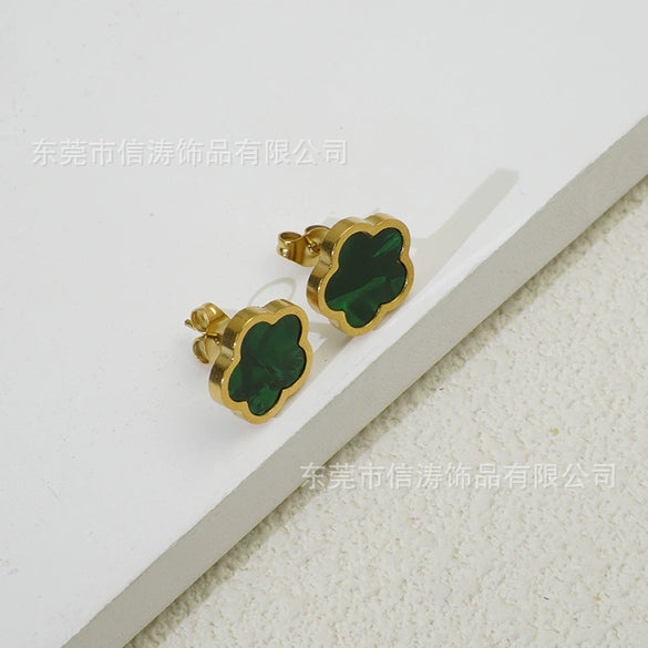 Wholesale Women's Elegant Geometric Titanium Steel Electroplated Five Leaf Flower Earrings