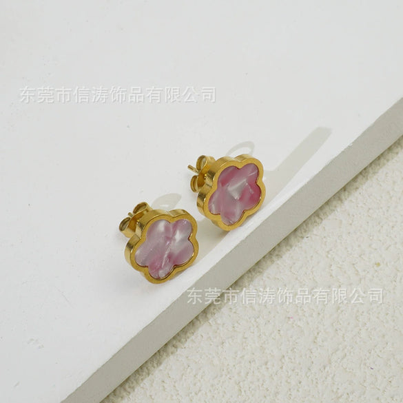 Wholesale Women's Elegant Geometric Titanium Steel Electroplated Five Leaf Flower Earrings